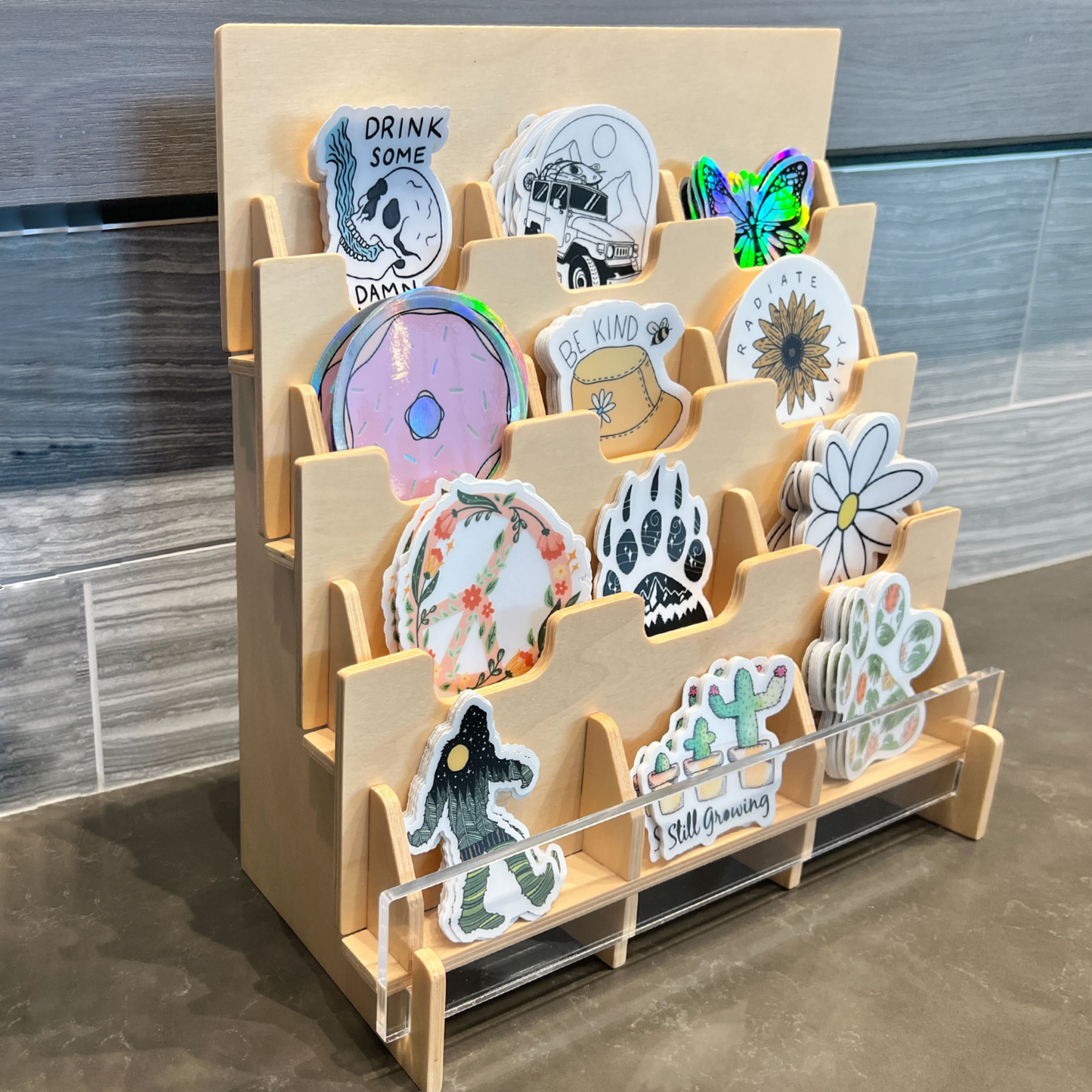 12 Pocket Wooden Counter Sticker Display