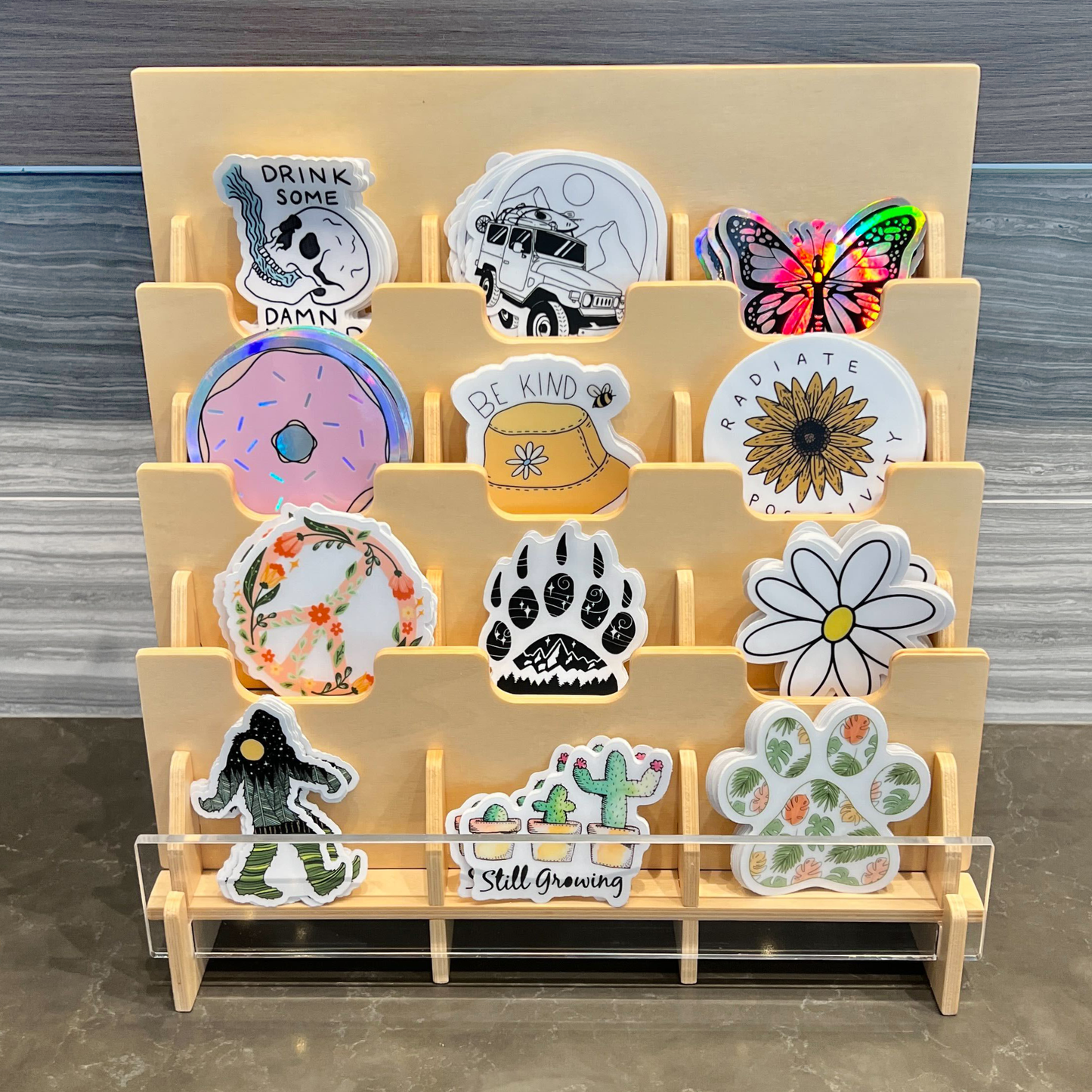 12 Pocket Wooden Counter Sticker Display